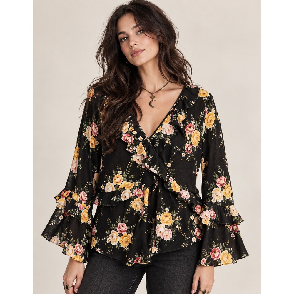 Whimsigoth Dark Romantic Floral Ruffle Blouse Black Boho Cottagecore L